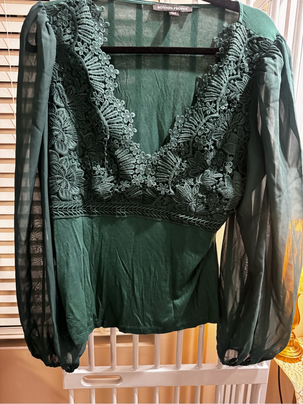 Scallop Lace Long Sleeve Top Deep Emerald | Boston Proper - Picture 7 of 7